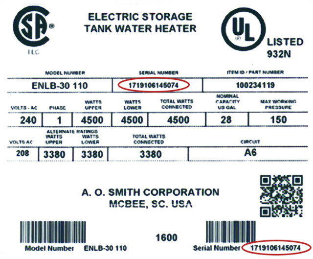 Close-up of an A.O. Smith rating label showing the Model Number and Serial Number columns and the serial barcode