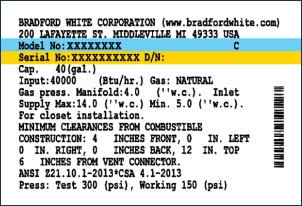 Close-up of a water heater rating label showing the model and serial number lines