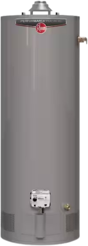 Rheem gas water heater with numbered markers showing where to find the serial number